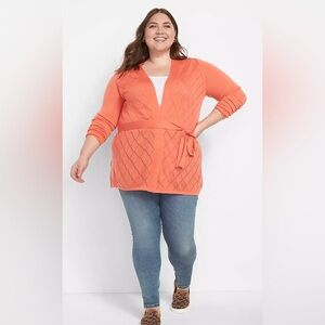 LANE BRYANT Diamond Pointelle Knit w/ Tie Belt Melon Work/Cottage Cardigan 22/24